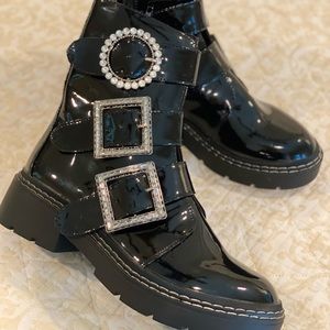 River Island Black Patent Rhinestone Buckle Boot